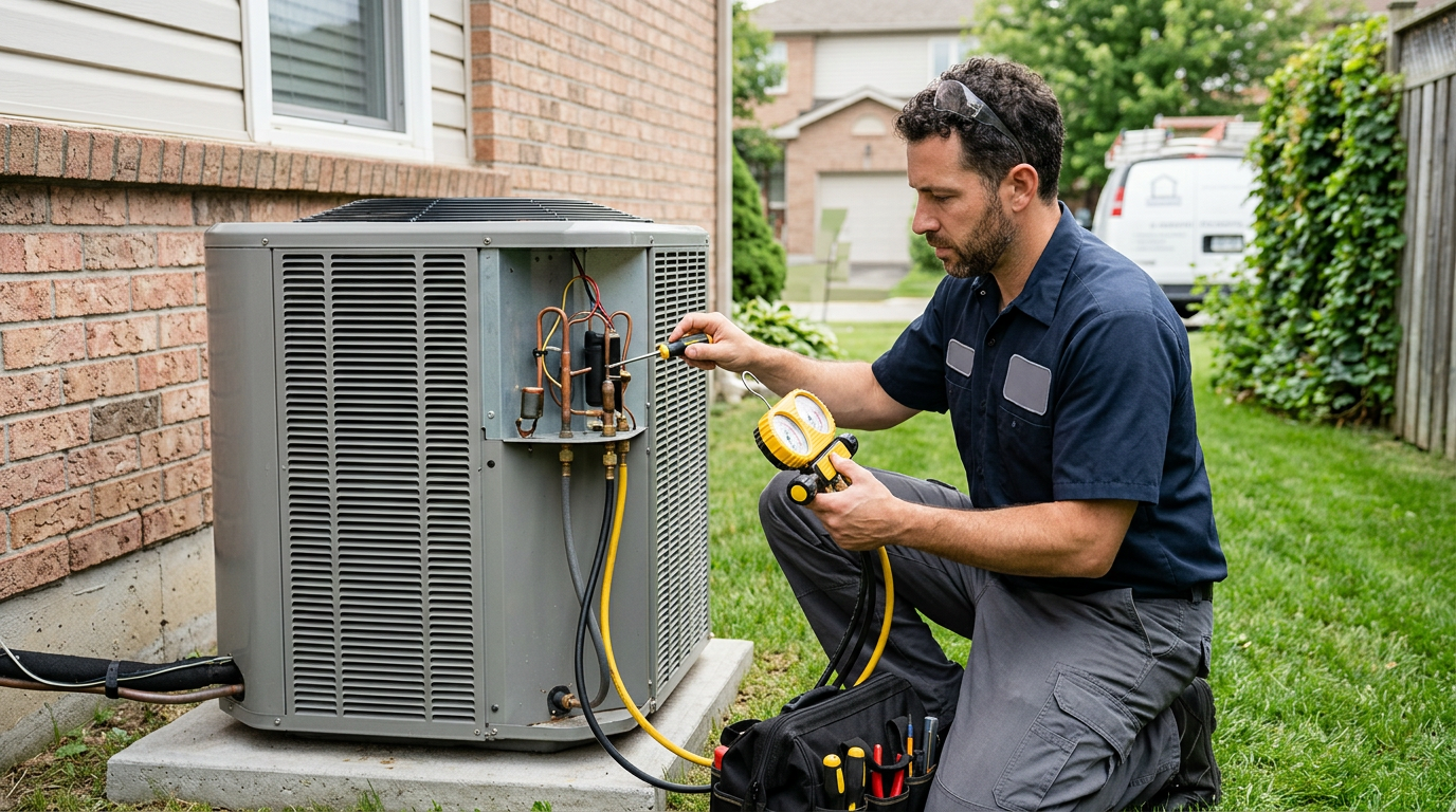 HVAC technician installing or servicing AC system Kuwait